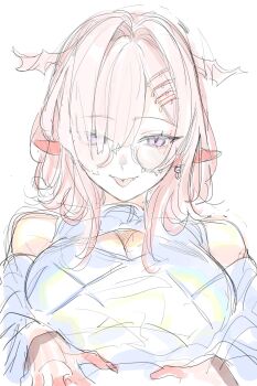 1girl bare_shoulders blush breasts cleavage_cutout clothing_cutout detached_sleeves dress earrings fingernails hair_ornament hair_over_one_eye hands_on_own_stomach highres jewelry large_breasts light_smile long_fingernails looking_at_viewer maido_mido medium_hair original pink_hair pointy_ears purple_eyes round_eyewear sharp_teeth single_earring sketch slit_pupils solo teeth tongue tongue_out vampire white_background white_dress