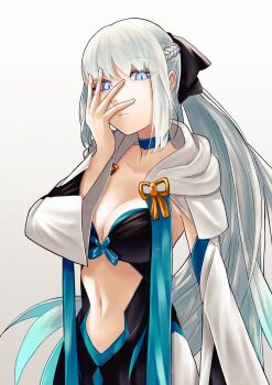 1girl arm_at_side arm_up black_bow blue_bow blue_choker blue_hair bow braid breasts chest_bow choi_yuan_(qsta) choker cleavage clothing_cutout detached_sleeves dress expressionless fate/grand_order fate_(series) glowing glowing_eyes gradient_hair hair_bow hand_on_own_face highres long_hair long_sleeves looking_at_viewer medium_breasts morgan_le_fay_(fate) morgan_le_fay_(second_ascension)_(fate) multicolored_hair navel orange_bow shrug_(clothing) sidelocks sleeveless sleeveless_dress slit_pupils solo stomach_cutout strapless strapless_dress very_long_hair white_hair white_shrug wide_sleeves