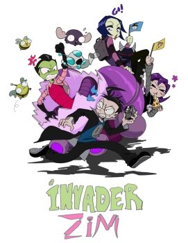 2girls alien animification backpack bag bee black_hair brother_and_sister bug camera child crunchcontrol dib_(invader_zim) english_text flag food gaz_(invader_zim) gir_(invader_zim) gir_(robot)_(invader_zim) glasses highres holding holding_camera insect invader_zim mini_moose mole mole_under_eye multiple_girls pizza purple_hair robot shadow siblings simple_background star_(symbol) tak_(invader_zim) white_background zim_(invader_zim)