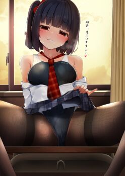 Rule 34 | 1girl, backlighting, black hair, black pantyhose, black skirt, blue one-piece swimsuit, blunt bangs, blush, bow, breasts, cameltoe, classroom, clothes lift, clothes pull, commentary request, competition swimsuit, covered navel, curtains, desk, dusk, fang, frown, hair bow, head tilt, heart, highres, indoors, kuro yanagi, lifting own clothes, long sleeves, looking at viewer, medium breasts, mole, mole under eye, necktie, on desk, one-piece swimsuit, one side up, original, paid reward available, pantyhose, pantyhose under swimsuit, plaid clothes, plaid necktie, plaid skirt, red bow, red eyes, red necktie, school uniform, shirt, shirt pull, shirt tucked in, short hair, sitting, skin fang, skirt, skirt lift, smirk, smug, spread legs, steam, sweat, swimsuit, swimsuit under clothes, thighband pantyhose, translation request, wet, wet clothes, wet swimsuit, white shirt, window