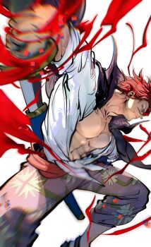 Rule 34 | 1boy, abs, beard stubble, black cape, cape, closed mouth, facial hair, highres, holding, holding sword, holding weapon, leg hair, looking ahead, male focus, one piece, shanks (one piece), sheath, shirt, short hair, simple background, solo, stubble, sword, unsheathing, weapon, white background, white shirt, yuan jessie0430