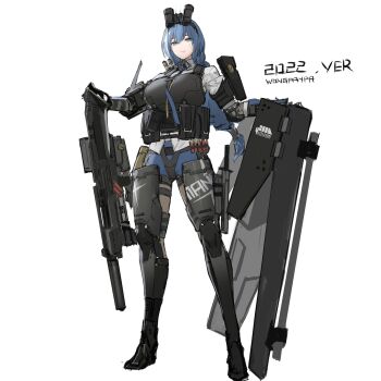 12-gauge 1girl alternate_costume ammunition armor bad_gun_anatomy ballistic_shield binoculars blue_hair blue_shorts braid breastplate brown_pantyhose bullpup closed_mouth double-barreled_shotgun dp-12_(girls&#039;_frontline) exoskeleton full_body girls&#039;_frontline grey_eyes gun hairband highres holding holding_gun holding_weapon long_hair looking_at_viewer multiple-barrel_gun pandea_work pantyhose pump-action_shotgun pump_action romeo_hotel_engineering shield shirt short_shorts shorts shotgun shotgun_shell side-by-side-barreled_shotgun signature simple_background solo standard_manufacturing_dp-12 suppressor tactical_clothes thicc-boi-12 weapon white_background white_shirt