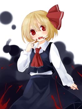 1girl ascot black_skirt black_vest blonde_hair blood blood_on_hands blush collared_shirt commentary_request cowboy_shot darkness hair_ribbon long_sleeves looking_at_viewer medium_hair one-hour_drawing_challenge open_mouth red_ascot red_eyes red_ribbon ribbon rumia shirt skirt skirt_set smile solo teeth touhou tsuno_no_hito umbrakinesis upper_teeth_only vest white_shirt