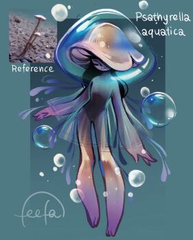 Rule 34 | 1girl, barefoot, black hair, bubble, closed eyes, closed mouth, colored skin, dress, english text, feefal, full body, fungi, funguary, highres, leotard, long hair, mushroom, mushroom girl, mushroom hat, object and personification, original, personification, photo inset, reference inset, see-through clothes, see-through dress, signature, simple background, smile, solo