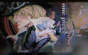 bandaid bandaid_on_face bandaid_on_nose black_hat blonde_hair bug butterfly chinese_commentary commentary_request copyright_name ezui goggles goggles_on_headwear hat highres imu_(one_piece) insect letterboxed one_piece parted_lips profile sabo_(one_piece) scar scar_on_face short_hair