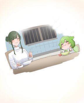 2girls ^_^ absurdres chibi closed_eyes eating green_hair hair_bun highres multiple_girls nankawa_rota sweater thumbs_up touhoku_zunko turtleneck turtleneck_sweater voiceroid voicevox zundamon