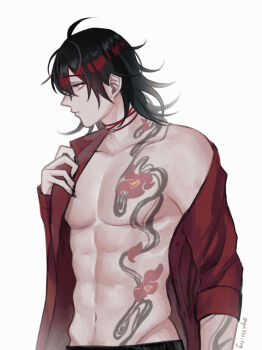 1boy abs arm_tattoo bare_pectorals bishounen black_hair black_nails chest_tattoo choker commentary english_commentary highres hip_bones lowleg lowleg_pants male_focus medium_hair multicolored_hair nijisanji nijisanji_en open_clothes open_shirt pants pectorals profile red_choker red_hair red_shirt shirt sleeves_rolled_up solo stomach_tattoo streaked_hair tattoo toned toned_male twitter_username two-tone_hair upper_body virtual_youtuber vox_akuma yellow_eyes yui930