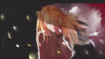 Rule 34 | 1girl, adjusting eyewear, autumn leaves, black background, clenched teeth, cloud, cloudy sky, crying, eyepatch, floating hair, gloves, hand on eyewear, highres, interface headset (evangelion), jacket, leaf, long hair, neon genesis evangelion, orange hair, red background, red gloves, red jacket, sky, souryuu asuka langley, teeth, two-tone background, upper body, zipper