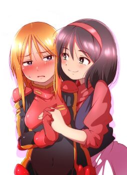2girls black_bodysuit black_hair blush bodysuit commentary_request covered_navel eye_contact furrowed_brow gloves green_eyes gundam gundam_zz hairband half-closed_eyes highres holding_hands interlocked_fingers looking_at_another mecha_pilot_suit multicolored_bodysuit multiple_girls neo_zeon normal_suit_(gundam) onimaru_(onimal7802) orange_hair pink_hairband purple_eyes puru_two red_bodysuit red_gloves rutina_revin short_hair smile sweatdrop two-tone_bodysuit upper_body yuri