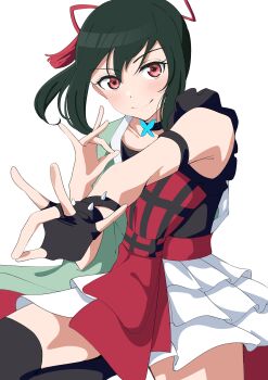 1girl absurdres armpit_crease black_shirt black_thighhighs closed_mouth cowboy_shot double_fox_shadow_puppet fox_shadow_puppet frilled_shirt frilled_skirt frills green_hair green_kimono hadanugi_dousa hair_ornament highres itoshiki_yume_yo_izanaite japanese_clothes kimono looking_at_viewer love_live! love_live!_nijigasaki_high_school_idol_club love_live!_nijigasaki_high_school_idol_club_the_movie_-_finale mifune_shioriko miniskirt official_alternate_costume open_kimono over-kneehighs red_eyes shirt short_hair simple_background single_bare_shoulder skirt sleeveless sleeveless_shirt smile solo split_mouth tassel tassel_hair_ornament thighhighs uchuu_no_mozuku white_background white_skirt