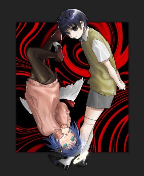 1boy 1girl abstract_background angel angel_wings aqua_eyes arms_behind_back black_eyes black_hair black_pantyhose black_shoes blue_hair blush closed_mouth collared_shirt demon_horns feathered_wings finger_to_face from_side full_body grey_background grey_shorts hair_between_eyes hair_ornament hand_up heart highres horns leaning_forward long_sleeves looking_at_viewer low_wings medium_hair original outside_border pantyhose pink_sweater red_horns red_shoes shirt shoes short_hair short_sleeves shorts smile socks sweat sweater sweater_vest unholymilk white_shirt white_socks white_wings wings yellow_sweater_vest