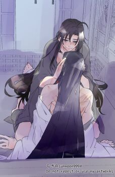 2boys ahoge alternate_hairstyle anal back bare_shoulders barefoot black_hair black_hanfu blush chinese_clothes closed_mouth commentary couple grey_eyes hair_down hand_on_another's_face hanfu implied_sex indoors lan_wangji long_hair looking_at_another male_focus modao_zushi multiple_boys off_shoulder open_clothes open_robe red_sash robe sash scar scar_on_back sidelocks sitting sitting_on_lap sitting_on_person smile straddling sunmoon9994 twitter_username upright_straddle very_long_hair wei_wuxian white_hanfu wide_sleeves yaoi