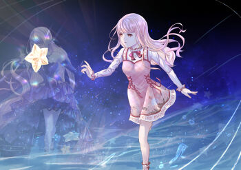 Rule 34 | 2girls, absurdres, ankle bow, ankle ribbon, bare shoulders, bloom poetry (shining nikki), bow, bow legwear, brown eyes, closed eyes, clothes writing, collared shirt, cross-laced clothes, cross-laced dress, cross-laced legwear, dot nose, dress, dress ribbon, dual persona, elbow gloves, expressionless, eyelashes, floating hair, floral print, frilled shirt collar, frilled sleeves, frills, ghost, gloves, gown, hair ornament, highres, jewelry, lace, lace-trimmed dress, lace-trimmed gloves, lace trim, leg up, light frown, long dress, long hair, long sleeves, meteor shower, multiple girls, necklace, nicholepaint, night, night sky, nikki (nikki), nikki (series), ocean, outstretched hand, parted lips, pinafore dress, pink dress, pink hair, plaid clothes, plaid dress, print dress, purple bow, purple dress, purple gloves, purple shoes, reaching, red bow, red ribbon, ribbon, running, shining nikki, shirt, shoes, sidelocks, sky, sleeveless, sleeveless dress, sleeves past wrists, snowflake necklace, socks, star (sky), star (symbol), star hair ornament, star necklace, star sea (nikki), starry sky, starry sky print, strapless, strapless dress, wavy hair, white shirt, white socks