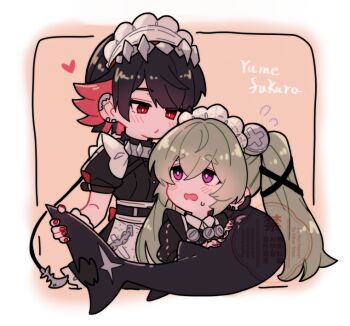 2girls artist_name black_dress black_hair black_nails blush border colored_inner_hair commentary_request corin_wickes dress earclip earrings ellen_joe fins fish_tail flying_sweatdrops green_hair hair_between_eyes hairband heart holding_own_tail implied_yuri jewelry long_hair looking_at_another maid_headdress metal_hairband multicolored_hair multiple_girls open_mouth purple_eyes razor_blade_hair_ornament red_eyes red_nails scar scar_on_tail screw_hair_ornament shark_girl shark_tail short_hair spiked_headband sweatdrop tail twintails white_border yumefukura zenless_zone_zero