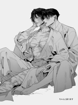 1boy 1girl absurdres artist_name barefoot black_hair blush breasts burn_scar chikatsu_ro commentary_request couple cropped_legs crossed_legs facial_scar greyscale hand_on_own_cheek hand_on_own_face highres holding_hands implied_after_sex jujutsu_kaisen jujutsu_tech_uniform large_breasts monochrome multiple_scars okkotsu_yuuta open_clothes open_robe robe scar scar_on_arm scar_on_cheek scar_on_chest scar_on_face scar_on_leg scar_on_neck scar_on_stomach scars_all_over simple_background spooning sweatdrop too_many white_background zen'in_maki