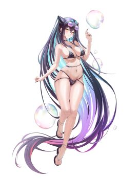 1girl absurdly_long_hair alternate_costume aqua_hair bikini black_bikini black_nails breasts bubble choker colored_inner_hair commentary earrings eyewear_on_head full_body goddess_of_victory:_nikke gradient_hair hair_between_eyes hair_intakes highres jewelry large_breasts little_mermaid_(nikke) long_hair multicolored_hair navel purple_hair sami_(ami12702752) sandals simple_background smile solo standing sunglasses swimsuit untranslatable_commentary very_long_hair white_background yellow_eyes