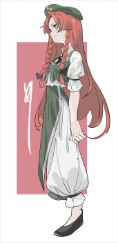 1girl black_shoes blue_eyes braid chinese_clothes closed_mouth commentary_request from_side full_body green_skirt green_vest hair_ribbon hat hat_ornament highres hong_meiling light_smile long_hair no_socks o_(crazyoton46) pants parted_bangs red_hair ribbon shoes short_sleeves skirt solo star_(symbol) star_hat_ornament touhou twin_braids vest white_pants