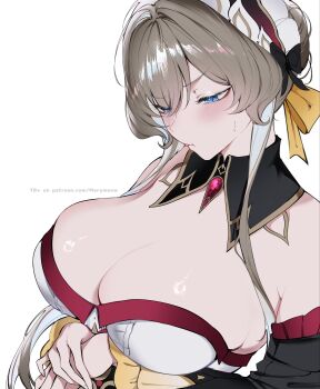 1girl black_collar black_sleeves blue_eyes blush bonnet breasts brown_hair cleavage collar commentary detached_collar detached_sleeves genshin_impact hair_bun headdress highres large_breasts long_sidelocks looking_down maria_(marymeow) mixed-language_commentary own_hands_together patreon_username pout sandrone_(genshin_impact) short_hair_with_long_locks sidelocks simple_background solo white_background white_headdress