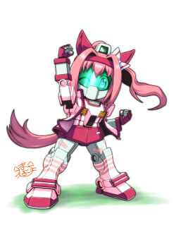 animal_ears assault_visor gm_(mobile_suit) green_visor gundam hand_up haru_urara_(umamusume) headband highres horse_ears horse_girl horse_tail jacket long_hair looking_at_viewer mayohi_neko mecha mechanization mobile_suit no_humans one_eye_closed pink_hair ponytail robot science_fiction sd_gundam solo standing tail umamusume