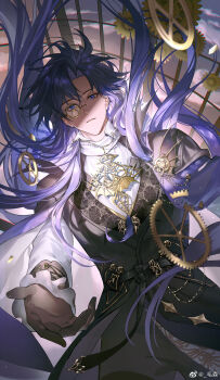 Rule 34 | 1boy, black coat, black gloves, black pants, blue cape, blue eyes, blue feathers, blue hair, broken, brooch, cape, chinese commentary, clarence clayden, clarence clayden (mist city), coat, collar chain (jewelry), collared shirt, cowboy shot, curtained hair, dragon wings, dusk, falling, feathers, frilled sleeves, frills, from above, gears, glint, gloves, hair between eyes, highres, infinity symbol, jewelry, lapel pin, lapels, long hair, long sleeves, looking at viewer, lovebrush chronicles, male focus, maosen, mole, mole under eye, monocle, offering hand, open hand, pants, parted lips, partially shaded face, patterned clothing, pendant, plume, shawl lapels, shirt, sleeveless, sleeveless coat, solo, two-sided cape, two-sided fabric, upper body, very long hair, watermark, weibo watermark, white cape, white shirt, wing brooch, wings