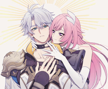 1boy 1girl absurdres ahoge armor blue_eyes coat cyrene_(demiurge)_(honkai:_star_rail) cyrene_(honkai:_star_rail) diamond-shaped_pupils diamond_(shape) friedricegenius gloves gold_tattoo hair_ornament hand_on_another's_neck highres honkai:_star_rail honkai_(series) long_hair neck_tattoo pauldrons phainon_(honkai:_star_rail) pink_hair purple_eyes short_hair shoulder_armor single_pauldron smile symbol-shaped_pupils tattoo very_long_hair white_coat white_gloves white_hair