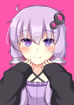 Rule 34 | 1girl, ahoge, black jacket, blush, breasts, commentary request, dress, fang, highres, jacket, looking at viewer, pink background, purple dress, purple eyes, purple hair, short hair with long locks, simple background, skin fang, small breasts, smile, tacticsmore, vocaloid, voiceroid, yuzuki yukari