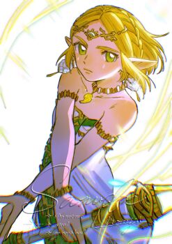 1girl armlet bare_shoulders blonde_hair braid breasts commentary cowboy_shot crossed_arms crown_braid dress earrings green_eyes highres holding holding_staff jewelry looking_at_viewer magatama magatama_necklace medium_breasts mouyi necklace nintendo parted_bangs pointy_ears princess_zelda sample_watermark short_hair sidelocks signature solo staff symbol-only_commentary teardrop_facial_mark the_legend_of_zelda the_legend_of_zelda:_tears_of_the_kingdom watermark white_dress