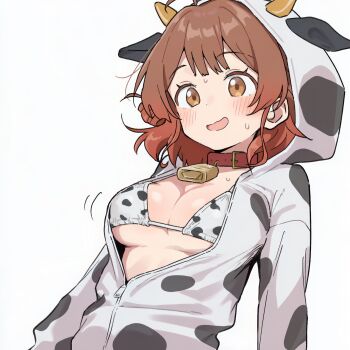 1girl ahoge animal_ears animal_print belt_collar bikini bikini_under_clothes blush breasts brown_eyes brown_hair choker cleavage collar cow_ears cow_hood cow_horns cow_print cow_print_bikini cow_print_hoodie cowbell gakuen_idolmaster hair_bun hanami_ume highres hood hood_up horns idolmaster lati2 medium_breasts neck_bell open_mouth partially_unzipped print_bikini red_choker short_hair side_bun single_hair_bun solo sweat swimsuit wavy_mouth white_background