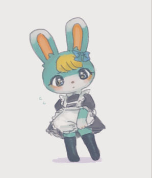 1boy animal_crossing animal_nose apron aqua_fur arm_behind_back bad_id bad_pixiv_id black_dress black_eyes black_thighhighs blonde_hair blue_bow blush body_fur bow butter_(oshi8kyoumoh) closed_mouth crossdressing crossdressing_(mtf) dot_mouth dress dress_tug ear_bow flying_sweatdrops frilled_apron frills full_body furry furry_male grey_background maid maid_apron male_focus nintendo puffy_short_sleeves puffy_sleeves rabbit_boy rabbit_ears sasha_(animal_crossing) short_dress short_hair short_sleeves simple_background solo standing swept_bangs thighhighs trap two-tone_fur white_apron white_fur