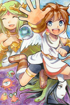1boy 2girls :d ^_^ ancient_greek_clothes angel angel_wings azumi_(tks-sd) bike_shorts blue_eyes bracer bridal_gauntlets brown_hair brown_sandals circlet closed_eyes commentary_request dress feathered_wings forehead_jewel greco-roman_clothes green_hair jewelry kid_icarus living_hair long_hair looking_at_viewer medusa_(kid_icarus) multiple_girls neck_ring nintendo open_mouth pale_skin palutena parted_bangs pit_(kid_icarus) reaching reaching_towards_viewer sandals short_hair single_bridal_gauntlet smile snake_hair strapless strapless_dress teeth upper_teeth_only white_dress white_wings wings