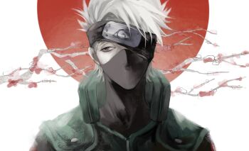 1boy black_eyes commentary facing_viewer flak_jacket forehead_protector green_jacket hatake_kakashi headband_over_one_eye highres jacket konohagakure_shinobi_uniform konohagakure_symbol lenge_00 looking_to_the_side male_focus naruto_(series) short_hair simple_background solo white_background white_hair