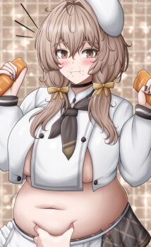1girl apron baguette belly_grab black_choker black_neckerchief bread bready_(nikke) breasts brown_eyes brown_hair chef choker crumbs eating fat fat_woman food frilled_apron frills goddess_of_victory:_nikke highres holding holding_food large_breasts looking_at_viewer low_twintails navel neckerchief notice_lines plump popped_button rabbitttt skirt twintails weight_conscious white_apron zipper_skirt