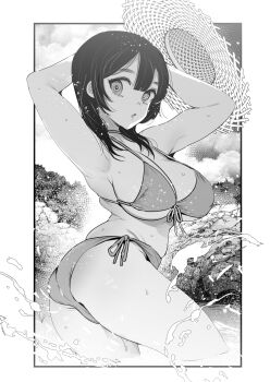 Rule 34 | 1girl, armpits, arms behind head, ass, bikini, black hair, breasts, cleavage, hat, highres, large breasts, legs, looking at viewer, medium hair, monochrome, multiple views, open mouth, original, partially submerged, river, side-tie bikini bottom, sideboob, solo, swimsuit, thighs, tongue, turnaround, underboob, water, wet