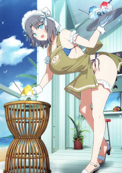 1girl absurdres apron beach beach_house bikini blue_bikini blue_eyes bow breasts brown_apron chalkboard cleavage day food front-tie_bikini_top front-tie_top gloves grey_hair hair_bow highres holding holding_tray large_breasts logo looking_at_viewer magazine_scan maid_headdress non-web_source ocean official_alternate_costume official_art open_mouth outdoors palm_tree sandals scan senran_kagura senran_kagura_new_link shaved_ice side-tie_bikini_bottom skindentation smile solo spoon spoon_straw striped_bow swimsuit thigh_strap tray tree waitress white_bow white_gloves wrist_cuffs yaegashi_nan yumi_(senran_kagura)
