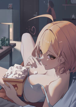 1girl absurdres ahoge anis_(nikke) beer_can breasts brown_eyes brown_hair can cleavage commentary_request couch drink_can food goddess_of_victory:_nikke heart highres indoors large_breasts looking_at_viewer on_couch popcorn q10u refrigerator short_hair solo tank_top white_tank_top