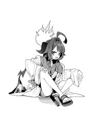 Rule 34 | 1girl, ahoge, ass, blue archive, buttons, coat, collared shirt, demon horns, greyscale, hair between eyes, hair intakes, highres, horns, kasumi (blue archive), lab coat, long hair, long sleeves, monochrome, open clothes, open coat, open mouth, sandals, shirt, shorts, simple background, sitting, smile, solo, syumi080, toes, white background