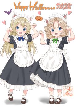 2025 2girls absurdres aged_down alternate_costume animal_ears apron black_dress black_shoes blonde_hair blue_eyes cat_ears commentary_request dress enmaided full_body happy_halloween highres janus_(kancolle) jervis_(kancolle) kantai_collection long_hair maid maid_headdress mary_janes multiple_girls paw_pose sakurai_nana_(moshichi) shoes short_hair socks white_apron white_background white_socks