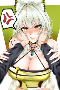 Rule 34 | 1girl, anger vein, animal ear fluff, animal ears, arknights, bare shoulders, belt collar, blush, breasts, cat ears, cleavage, collar, commentary request, criss-cross halter, dress, green background, green dress, green eyes, grey hair, halterneck, highres, indoor gorilla, kal'tsit (arknights), large breasts, long sleeves, looking at viewer, material growth, medium hair, off shoulder, open mouth, oripathy lesion (arknights), polka dot, polka dot background, pov, pov adoring, pov hands, solo focus, speech bubble, squeezing cheeks, upper body, white background