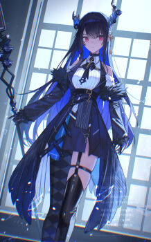 1girl argyle_clothes argyle_pantyhose asymmetrical_horns asymmetrical_legwear bident black_bow black_bowtie black_gloves black_hair black_pantyhose black_skirt black_thighhighs black_vest black_wings blue_hair bow bowtie breast_strap closed_mouth clothing_cutout collared_shirt colored_inner_hair commentary dress_shirt feather-trimmed_sleeves feathered_wings flower flower_knot fortissimo garter_straps glass_shards gloves hair_ornament highres holding holding_polearm holding_weapon hololive hololive_english horn_flower horns indoors long_hair long_sleeves low_wings miniskirt mismatched_legwear mole mole_under_eye multicolored_hair musical_note musical_note_hair_ornament nerissa_ravencroft nerissa_ravencroft_(1st_costume) o-ring o-ring_legwear o-ring_thigh_strap pantyhose pencil_skirt polearm purple_eyes ribbed_shirt shirt shoulder_cutout side_slit sidelocks single_garter_strap single_leg_pantyhose single_thighhigh skirt slit_pupils solo symbol-only_commentary tassel tassel_hair_ornament thigh_strap thighhighs uneven_horns uneven_legwear very_long_hair vest virtual_youtuber watermark weapon white_shirt wings xyunx