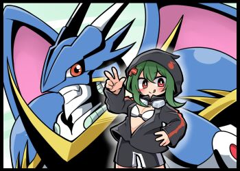 Rule 34 | 1girl, armor, bike shorts, bikini, bikini top only, black bikini, black jacket, black shorts, blue armor, blush stickers, breasts, chibi, cleavage, commentary request, digimon, digimon (creature), digimon world re:digitize, goggles, goggles around neck, green hair, hair between eyes, hair ornament, hand on own hip, hand up, hood, hood up, hooded jacket, jacket, kica28v, long sleeves, looking at viewer, multicolored bikini, one eye closed, orange eyes, partially unzipped, shinomiya rina, short hair, short hair with long locks, shorts, sidelocks, smile, standing, swimsuit, tongue, tongue out, two-tone bikini, ulforcev-dramon, v, white bikini, x hair ornament