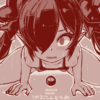 1girl all_fours backbeako_(torotei) backbeard blush breasts collarbone commentary dated dated_commentary female_focus gegege_no_kitarou hair_over_one_eye hair_ribbon kono_lolicon_domome loli long_hair looking_at_viewer monochrome one-piece_swimsuit original paid_reward_available parted_lips pointy_ears ribbon ringed_eyes simple_background small_breasts solo spread_legs straight-on sweat swimsuit torotei translated twintails watermark web_address