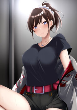 Rule 34 | 1girl, absurdres, black shirt, blue eyes, brown hair, engine sentai go-onger, grey jacket, highres, jacket, rizukiri, shirt, shorts, super sentai, sutou miu