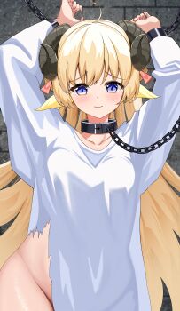 1girl absurdres alternate_costume animal_ears black_collar blonde_hair blush breasts chain closed_mouth collar commentary_request cuffs handcuffs highres hololive horns long_hair looking_at_viewer medium_breasts nail_polish pink_nails purple_eyes sheep_ears sheep_girl sheep_horns shirt smile solo torn_clothes torn_shirt tsunomaki_watame very_long_hair virtual_youtuber white_shirt yuni_animal_(remyi_3)