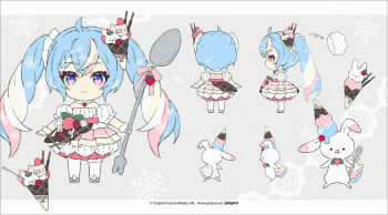 1girl animal arrow_(symbol) bare_shoulders blue_eyes blue_hair brown_hair chibi closed_mouth commentary_request crepe detached_sleeves multiple_scoops dress food fork grey_background hakusai_(tiahszld) hatsune_miku heart heart-shaped_pupils highres holding holding_fork holding_spoon ice_cream multicolored_hair multiple_views official_art oversized_object pantyhose pink_hair pink_shoes pocky puffy_short_sleeves puffy_sleeves rabbit rabbit_yukine shoes short_sleeves smile snowflakes spoon symbol-shaped_pupils twintails two-tone_hair vocaloid watermark web_address white_dress white_hair white_pantyhose white_sleeves yuki_miku yuki_miku_(2026)_(applicant)