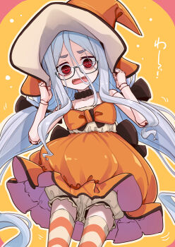 1girl @_@ bloomers doll_joints dress flat_chest glasses hat highres joints long_hair ogami_kazuki open_mouth orange_dress original red_eyes solo striped_clothes striped_thighhighs thighhighs underwear very_long_hair witch_hat