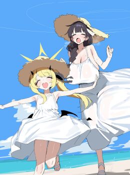 2girls absurdres bare_shoulders beach black_hair blonde_hair blue_archive blunt_bangs blush braid breasts cleavage closed_eyes collarbone demon_girl demon_horns demon_tail demon_wings dress female_sensei_(blue_archive) female_sensei_(blue_archive)_(xipa) flat_chest halo hat highres horns huge_breasts ibuki_(blue_archive) long_dress long_hair multiple_girls open_mouth outstretched_arm pointy_ears running sandals sensei_(blue_archive) single_braid smile sun_hat sweat tail thighs twintails white_dress wings xipa yellow_halo