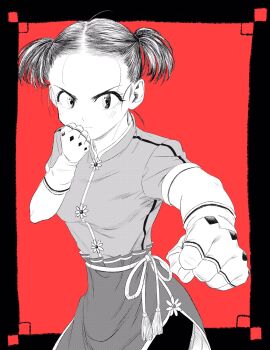 Rule 34 | 1girl, breasts, chinese commentary, clenched hands, commentary request, cowboy shot, fighting stance, fingerless gloves, forehead, foreshortening, gloves, greyscale with colored background, hatching (texture), highres, lee (dragon garou), loose hair strand, original, punching, red background, short twintails, shorts, shorts under skirt, side slit, skirt, small breasts, solo, tassel, twintails, v-shaped eyebrows