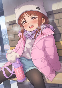 Rule 34 | 1girl, black pantyhose, blue shorts, blush, bottle, brown eyes, brown hair, commentary request, hat, jacket, long sleeves, looking at viewer, mittens, open mouth, original, outdoors, pantyhose, pantyhose under shorts, pink jacket, poruserin, purple scarf, scarf, short hair, short shorts, shorts, sitting, smile, solo, spread legs, sweater, teeth, upper teeth only, water bottle, white hat, white mittens, white sweater, yamazaki mary