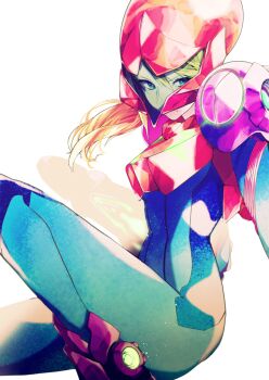 Rule 34 | 1girl, armor, assault visor, blonde hair, blue bodysuit, blue eyes, bodysuit, commentary request, gravity suit (metroid), highres, kaie yuu (cahier), long hair, looking at viewer, metroid, metroid dread, nintendo, power armor, power suit (metroid), samus aran, zero suit