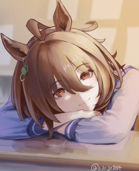 1girl agnes_tachyon_(umamusume) ahoge animal_ears arms_on_table brown_hair chemical_structure closed_mouth commentary_request crossed_arms desk earrings hair_between_eyes head_on_table head_rest highres horse_ears horse_girl jewelry long_sleeves looking_at_viewer o_ko_ge2024 purple_sailor_collar purple_serafuku purple_shirt red_eyes sailor_collar sailor_shirt school_desk school_uniform serafuku shirt short_hair single_earring smile solo tracen_school_uniform umamusume